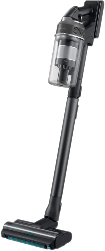 Ein dunkler, kabelloser Samsung-Staubsauger mit transparentem Behälter und Bürstenkopf.