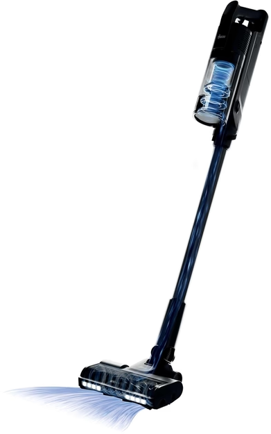 Un aspirapolvere senza fili con tubo e contenitore polvere blu.