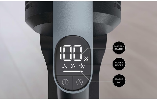 Display digitale aspirapolvere: 100% batteria, icone ventola e pulsanti di controllo.