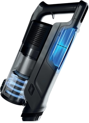 Un aspirapolvere portatile nero con interno illuminato di blu, su sfondo bianco.