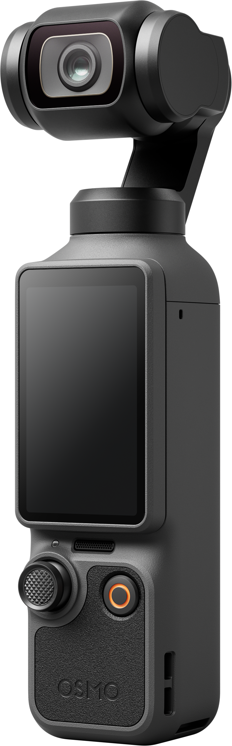 Ein dunkler Handheld-Gimbal mit Kamera und Touchscreen.