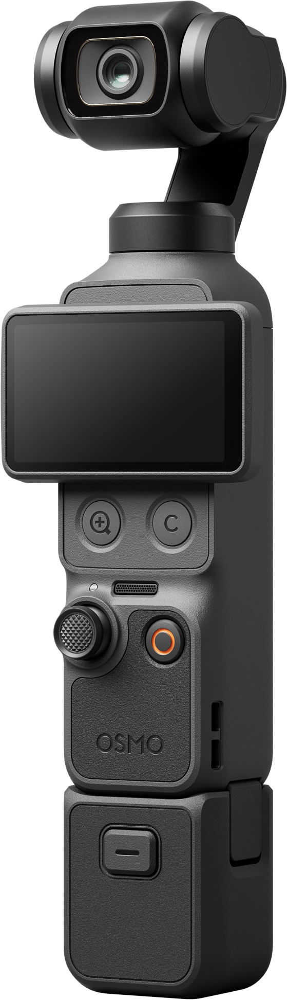 Grauer Gimbal mit Bildschirm, Joystick und Tasten auf schwarzem Hintergrund.