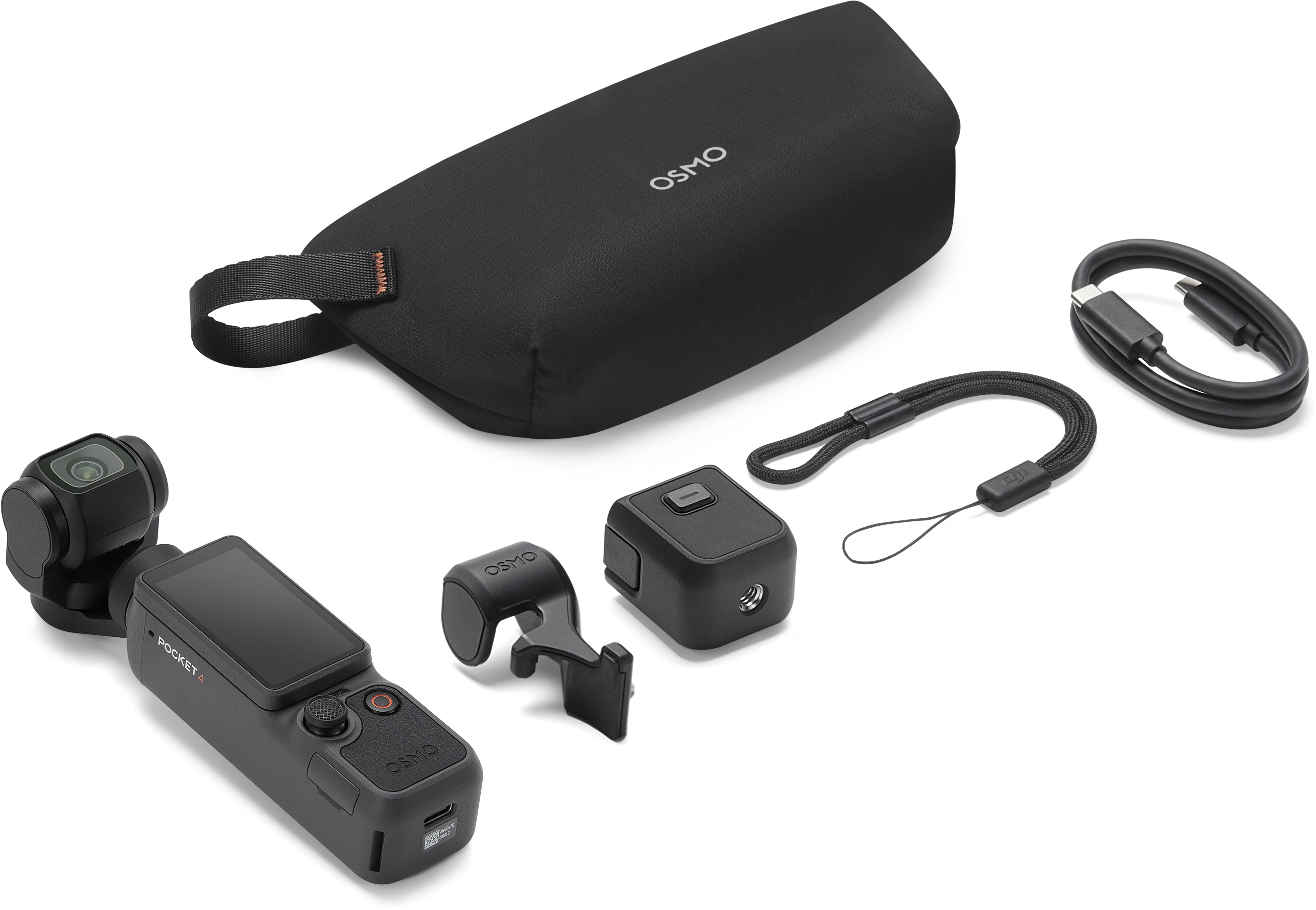 DJI Osmo Pocket 4 mit Zubehör: Kamera, Tasche, Ladekabel und Halterung.