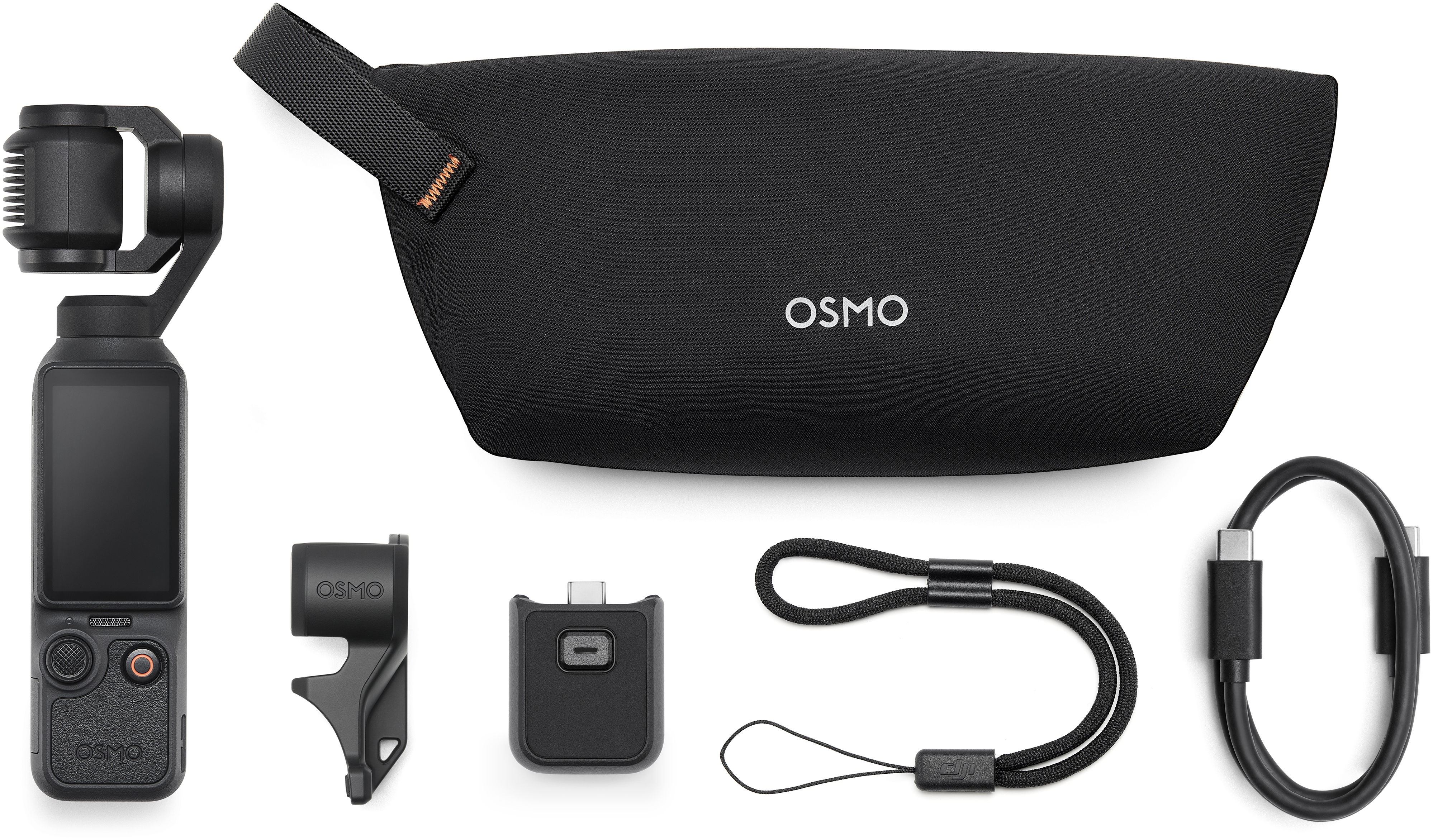 Osmo-Gimbal, Tasche, Halterung, Adapter, Lanyard und USB-C-Kabel auf weißem Hintergrund.