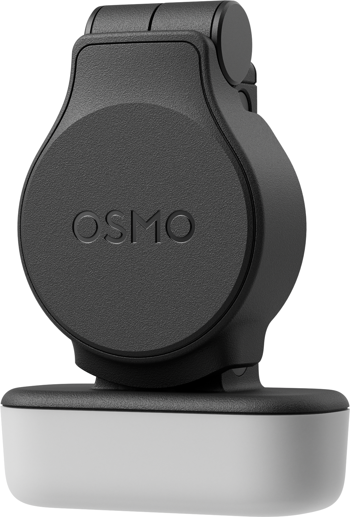 Ein schwarzes Osmo-Gerät mit Textur und einem weißen Sockel.