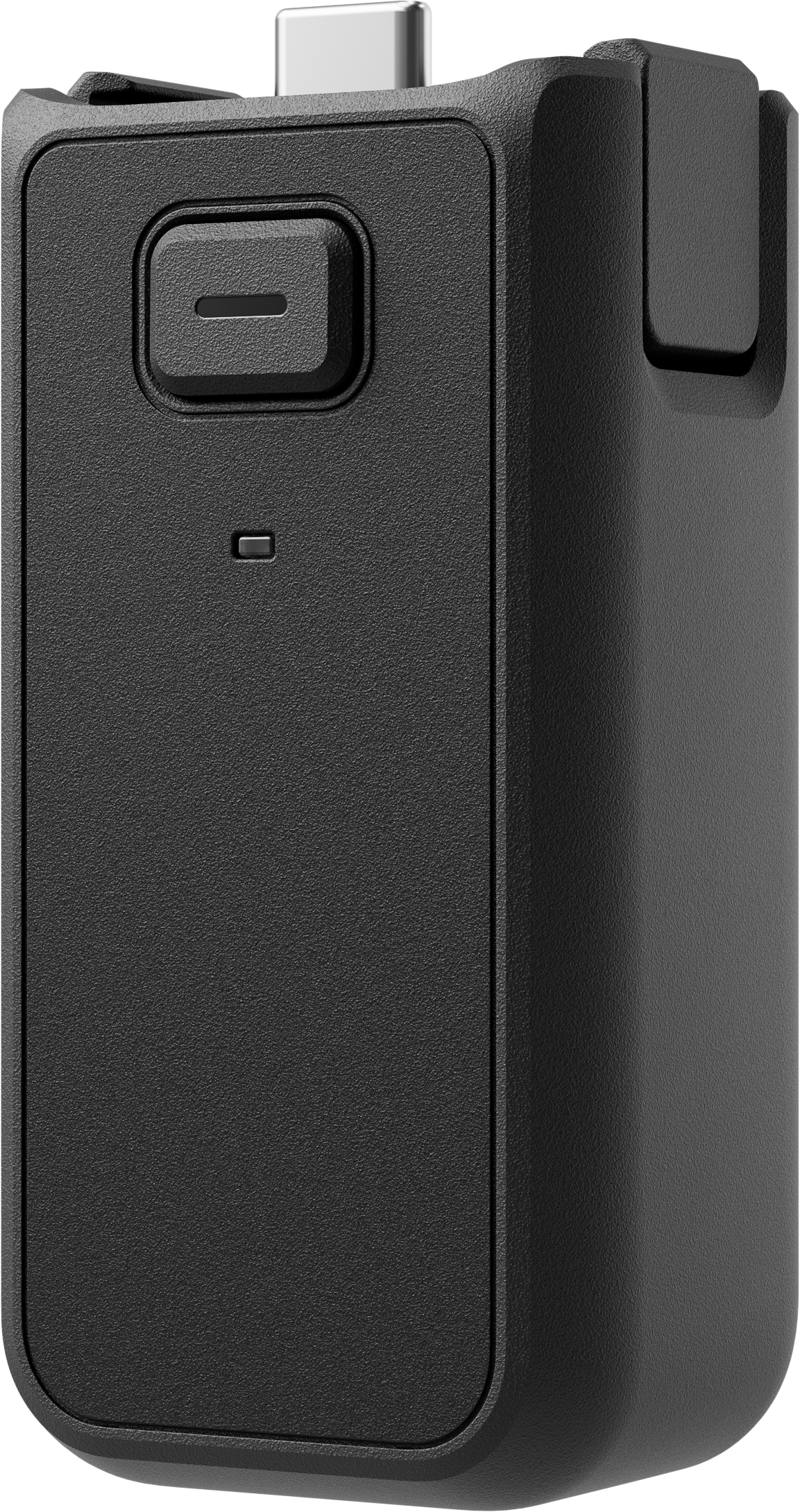 Ein schwarzes elektronisches Gerät mit einem USB-C-Anschluss oben und einer Taste an der Seite.