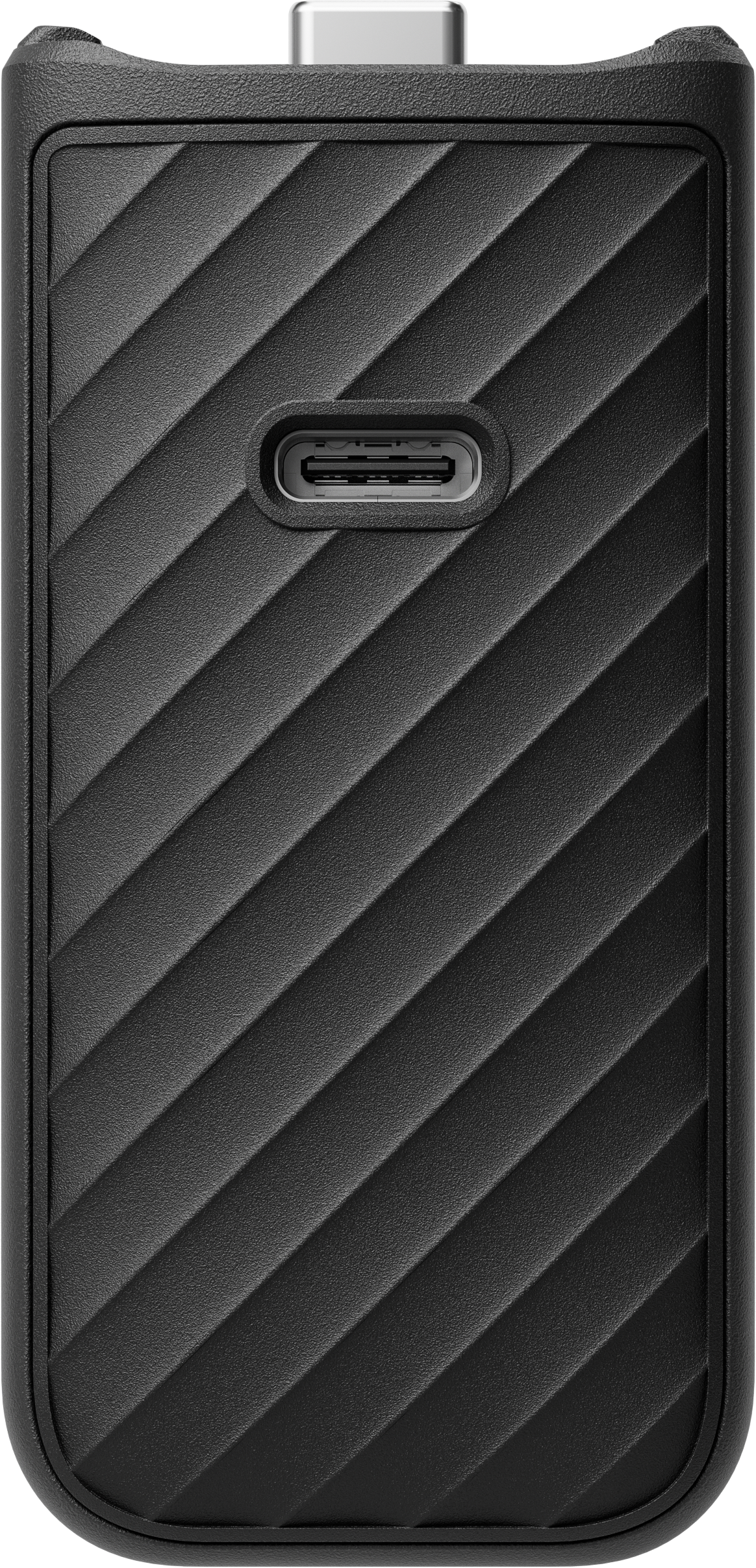 Schwarzes Gerät mit gerippter Textur und USB-C-Anschluss oben. Ein weiterer USB-C-Anschluss ist mittig.