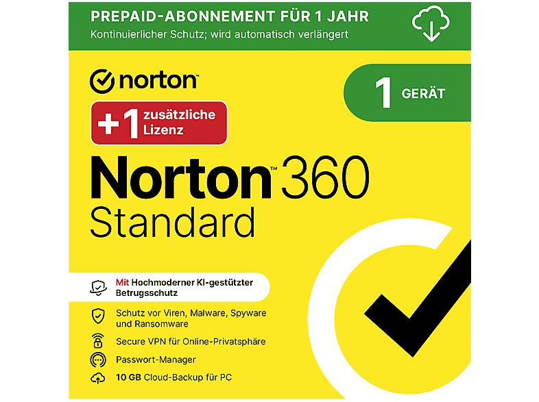 Norton 360 Standard - 1 Gerät - 12 Monate ABO + 1 zusätzliche Lizenz - [PC/MAC]
