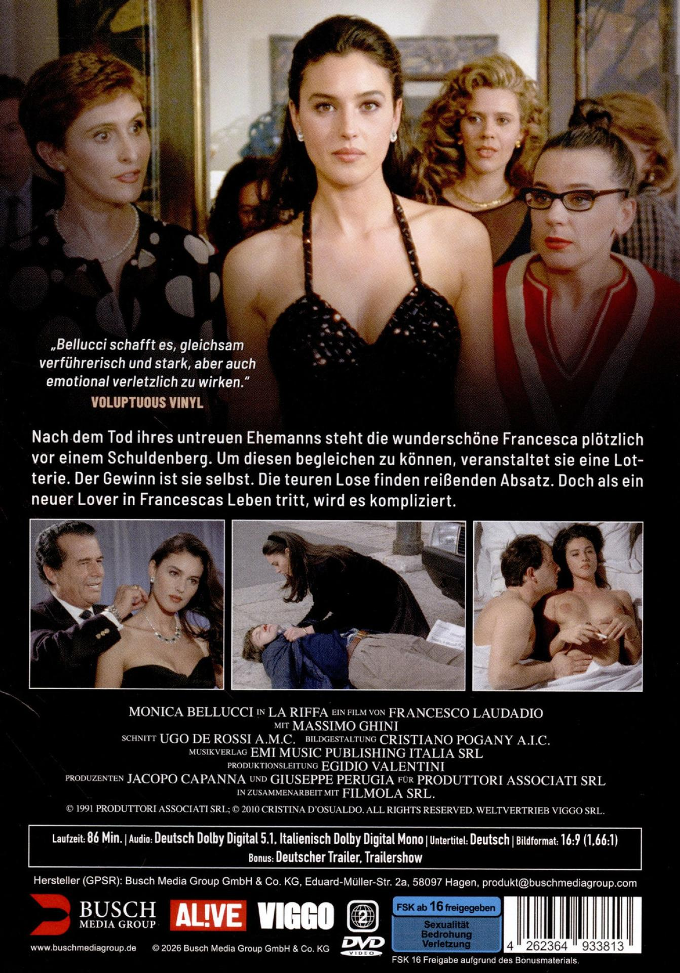 Monica Bellucci in Schwarz, umgeben von anderen Frauen, DVD-Cover mit Filmszenen.