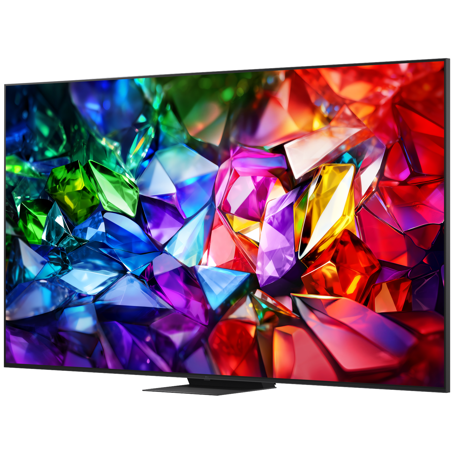 A modern television displaying an abstract, colorful background of gemstones.