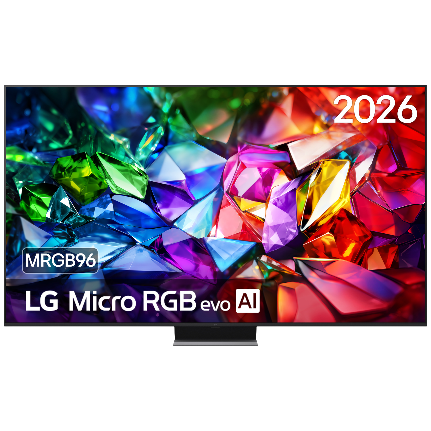 LG TV met levendige abstracte kunst en '2026' tekst. 'MRGB96' en 'LG Micro RGB evo AI'.
