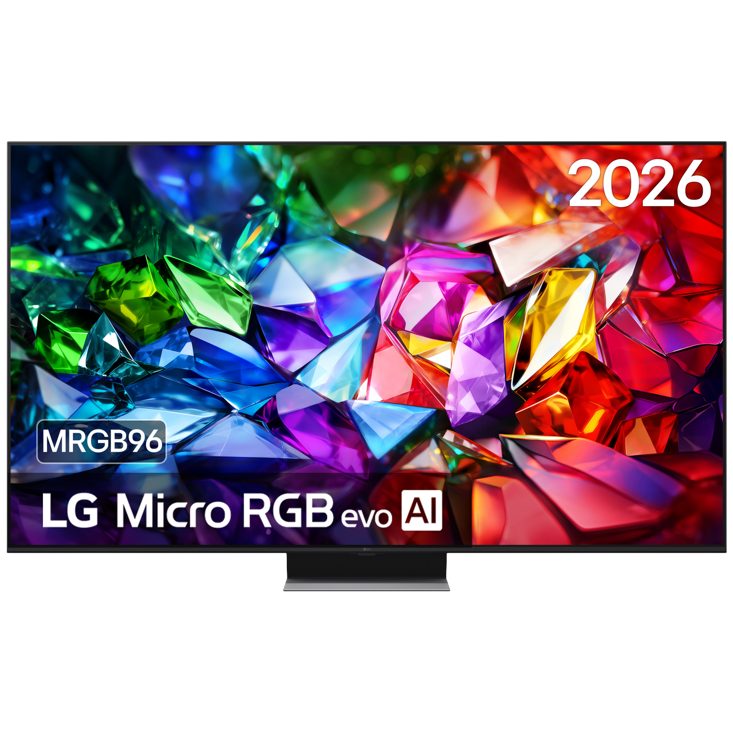 LG Micro RGB evo AI TV met levendige abstracte kunst en het jaar 2026.
