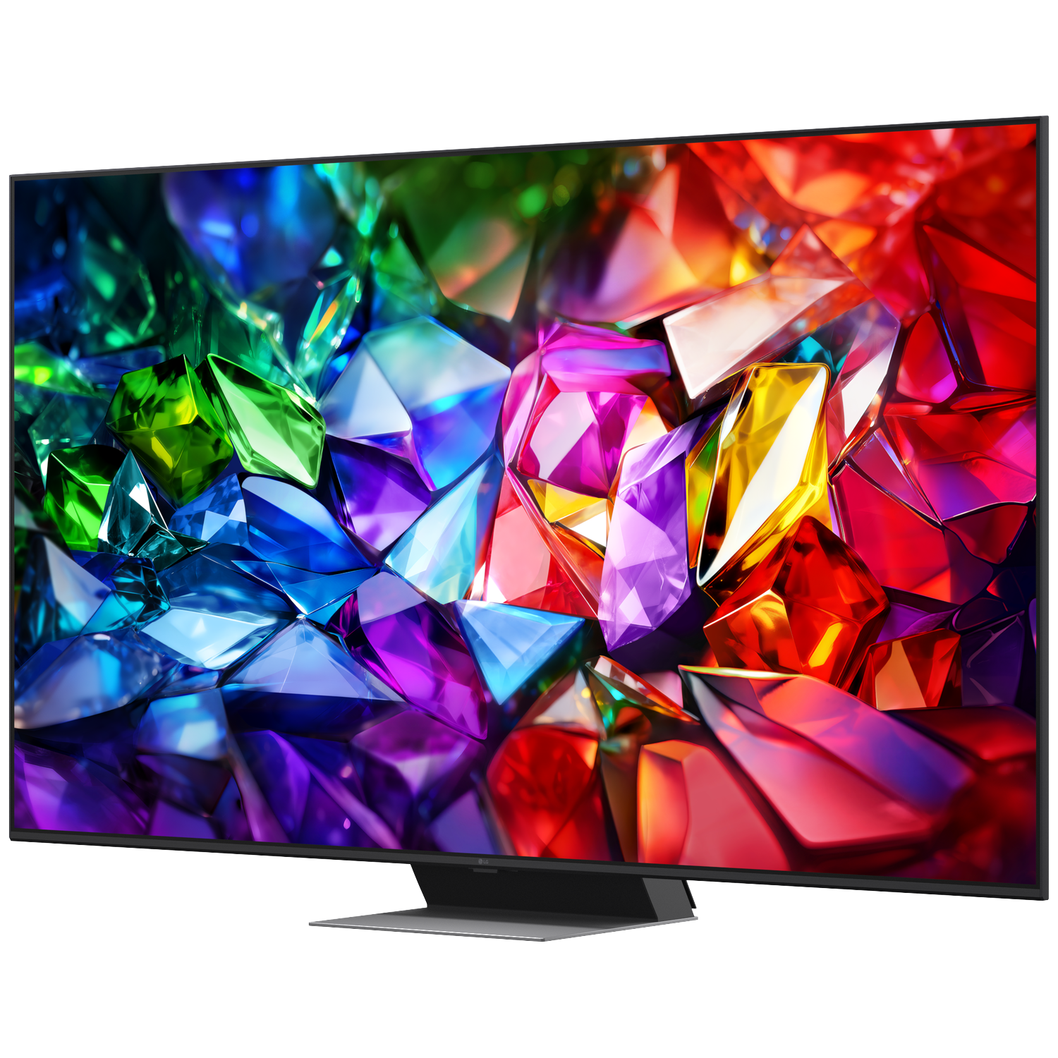 Een moderne tv toont een levendig, abstract beeld van kleurrijke, facetgeslepen kristallen tegen een zwarte achtergrond.