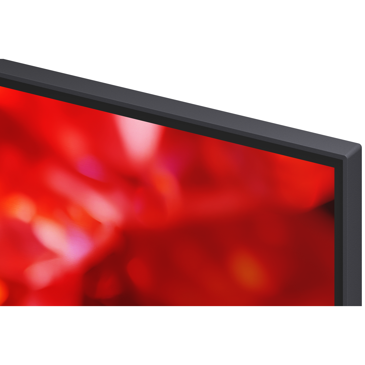 Close-up van een zwarte tv-rand met een wazig rood patroon.