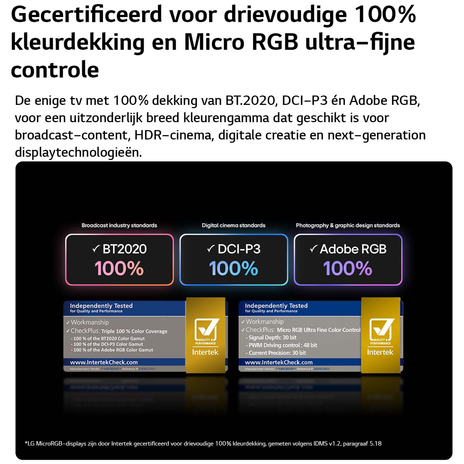 Drievoudige 100% kleurnormen: BT.2020, DCI-P3, Adobe RGB. Intertek gecertificeerd.