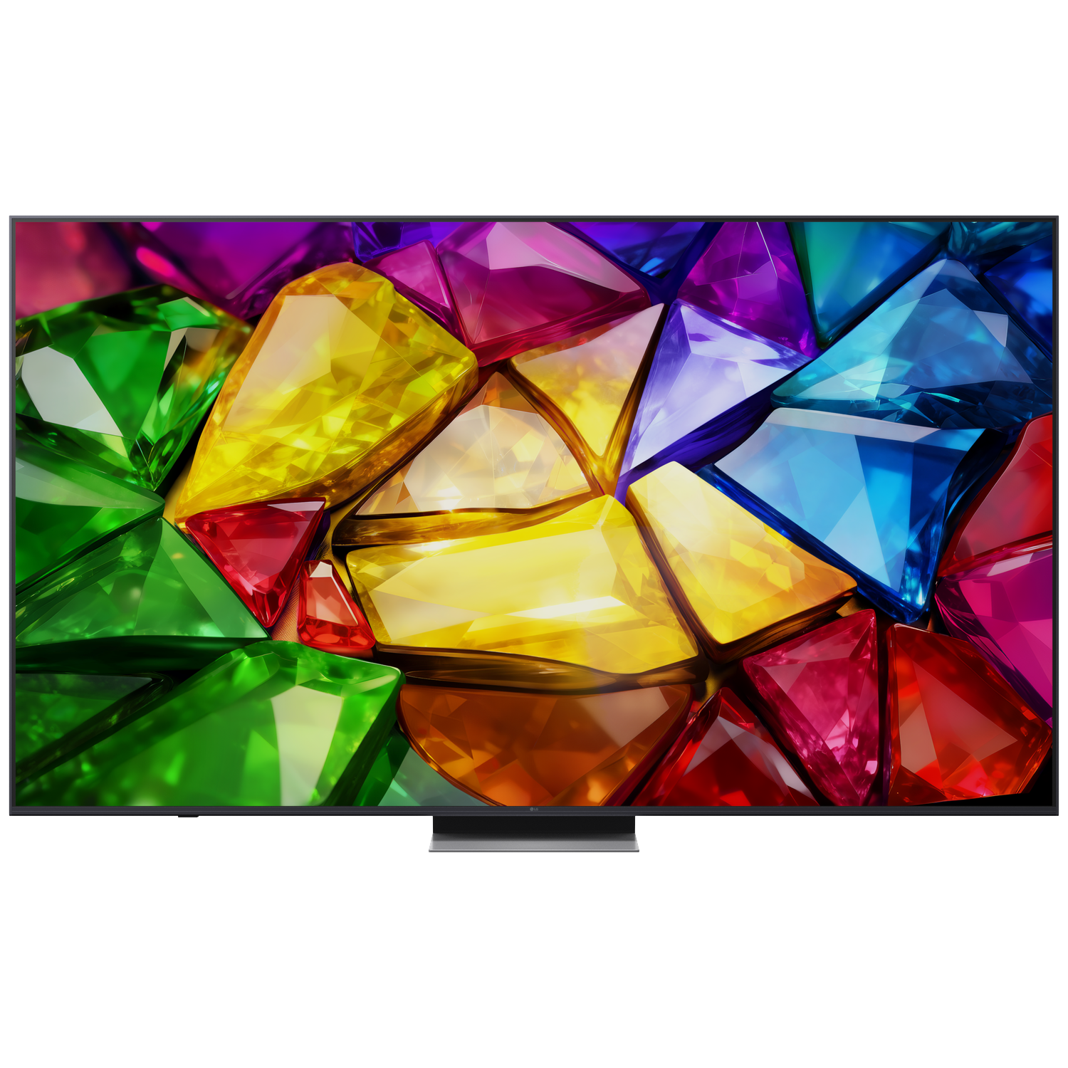 A television screen displays a vibrant, close-up view of colorful, faceted gemstones.