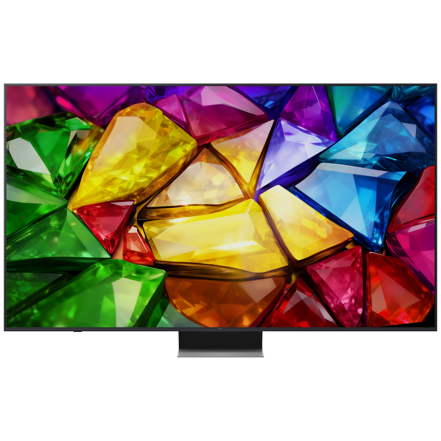 A television displays colorful, faceted gemstones in various colors.