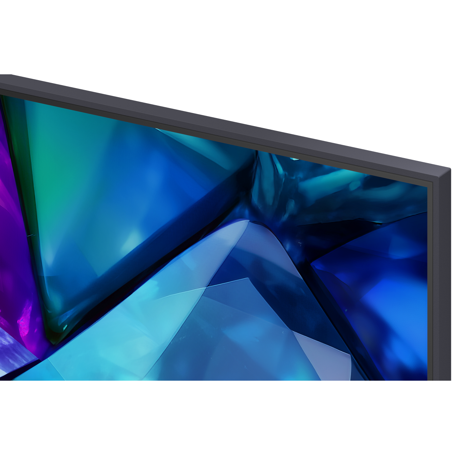 Abstract geometric shapes in blue, teal, and purple with sharp angles and reflections.