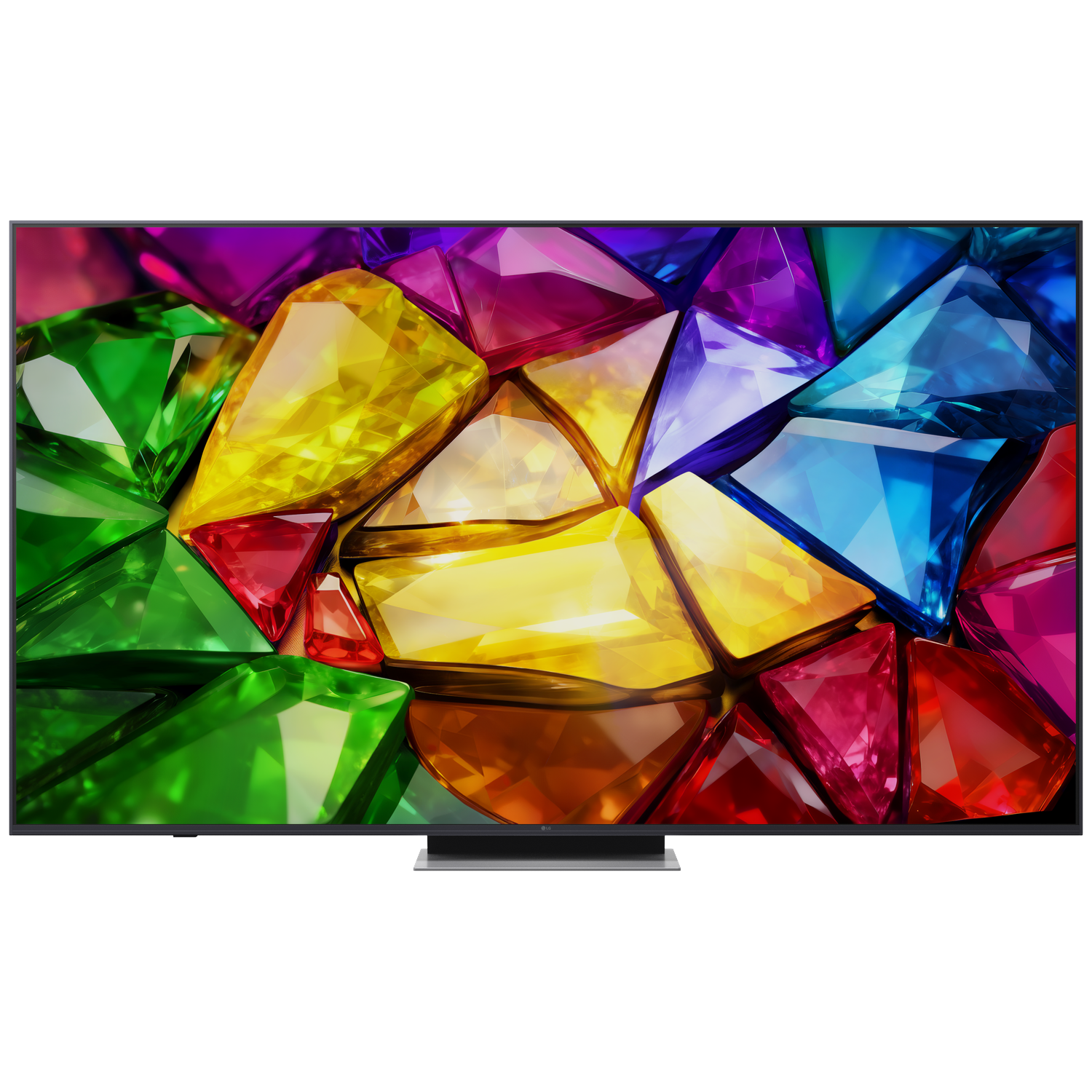 A modern TV displaying a colorful background of cut gemstones.