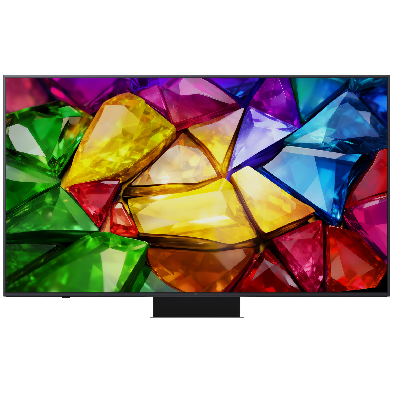 A TV displays a vibrant, abstract pattern of colorful, faceted gemstones on a black background.