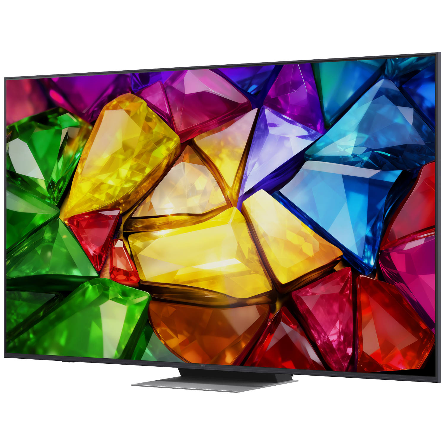 A television displays a kaleidoscope of colorful, faceted jewels in red, yellow, green, and blue.
