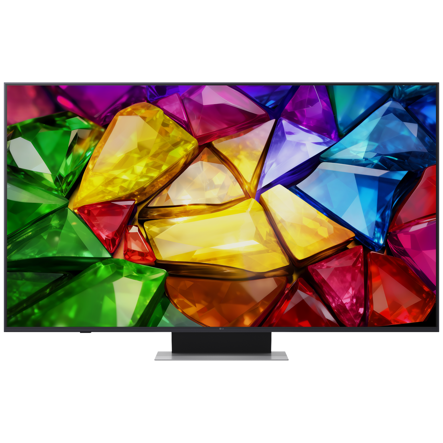 A TV screen displays a vibrant, close-up abstract pattern of colorful, faceted gemstones.