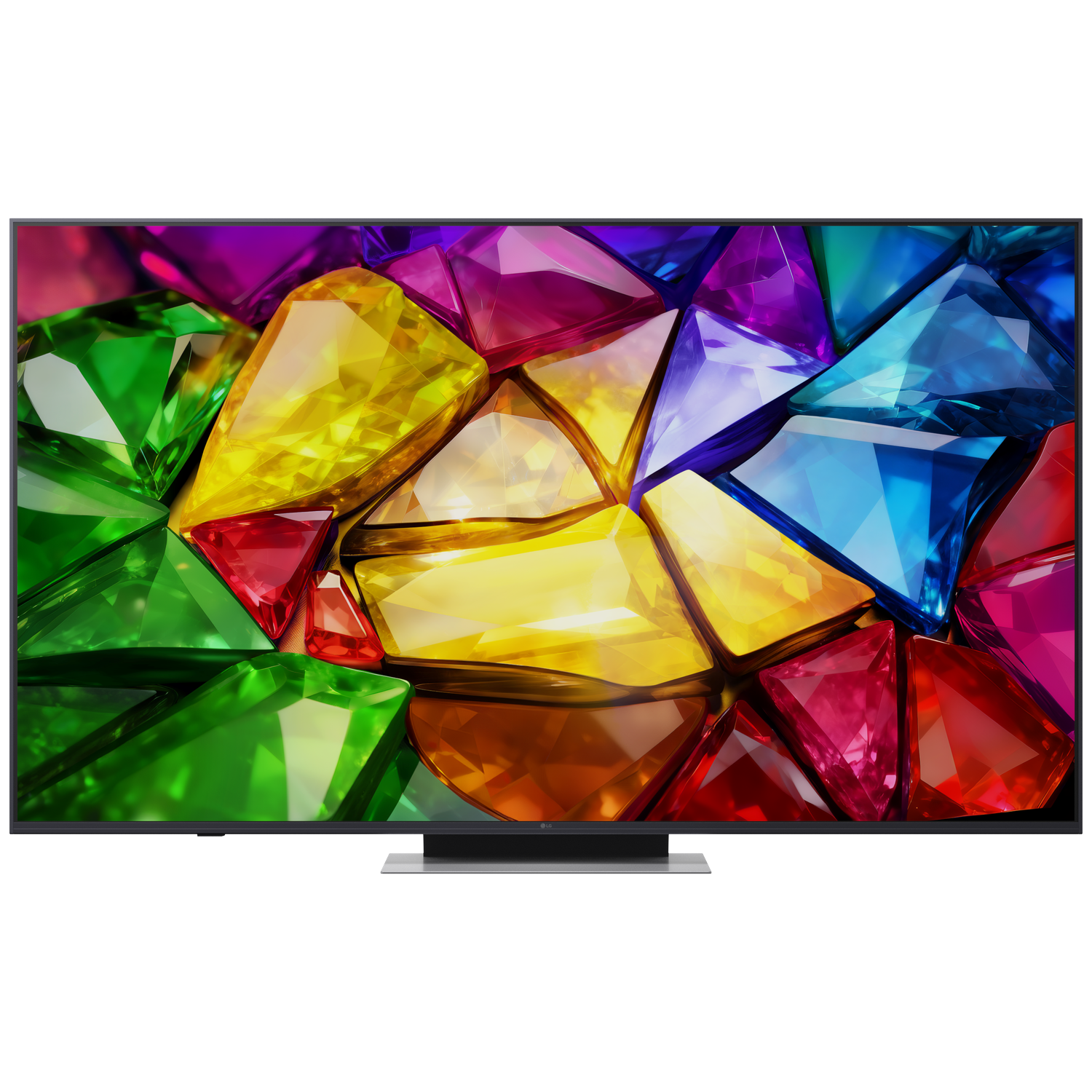 A modern flat-screen TV displays a kaleidoscope of colorful, faceted gemstones.