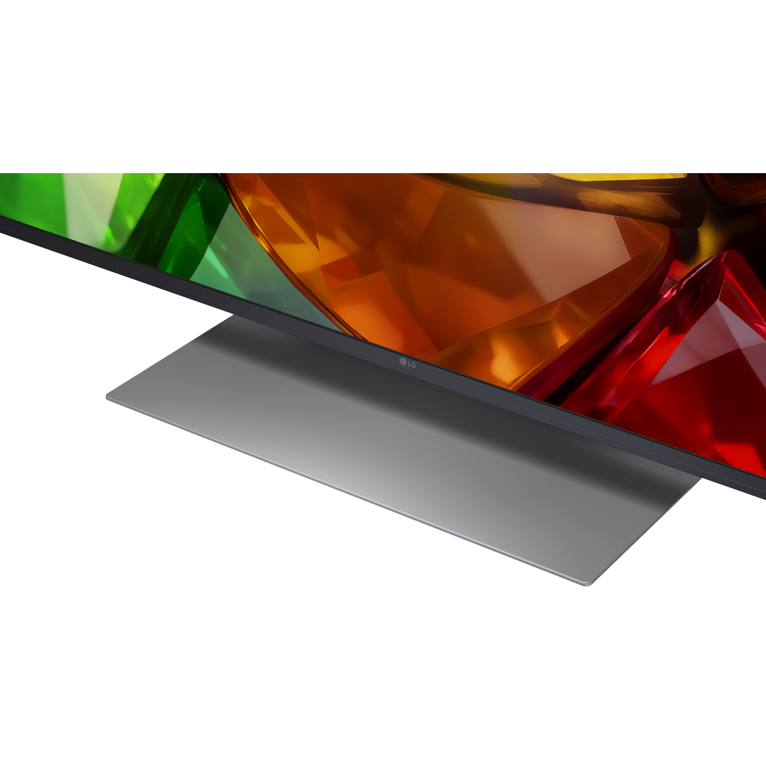 A modern TV displays an abstract, colorful screen with a gray stand.