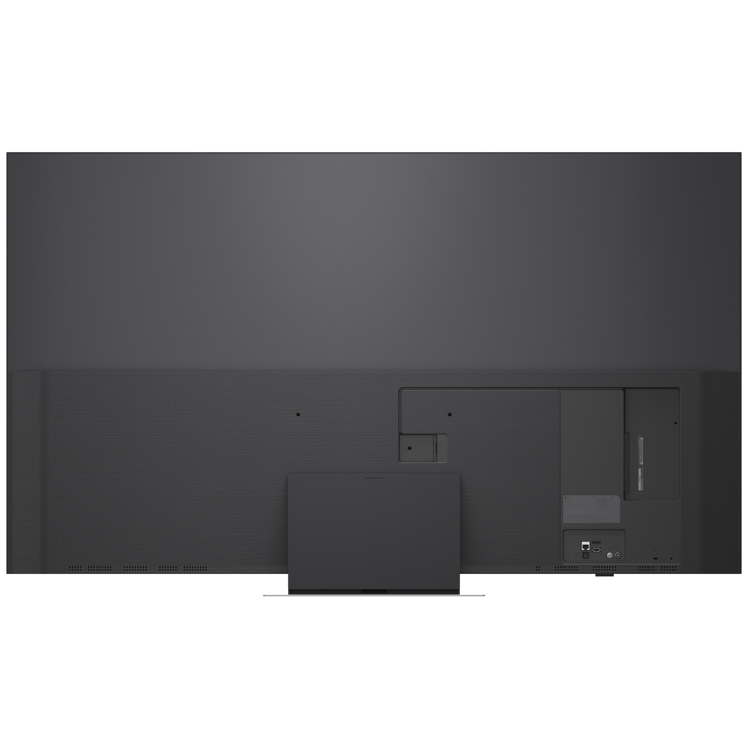Back of a dark TV with ports and a stand. Textured surface.