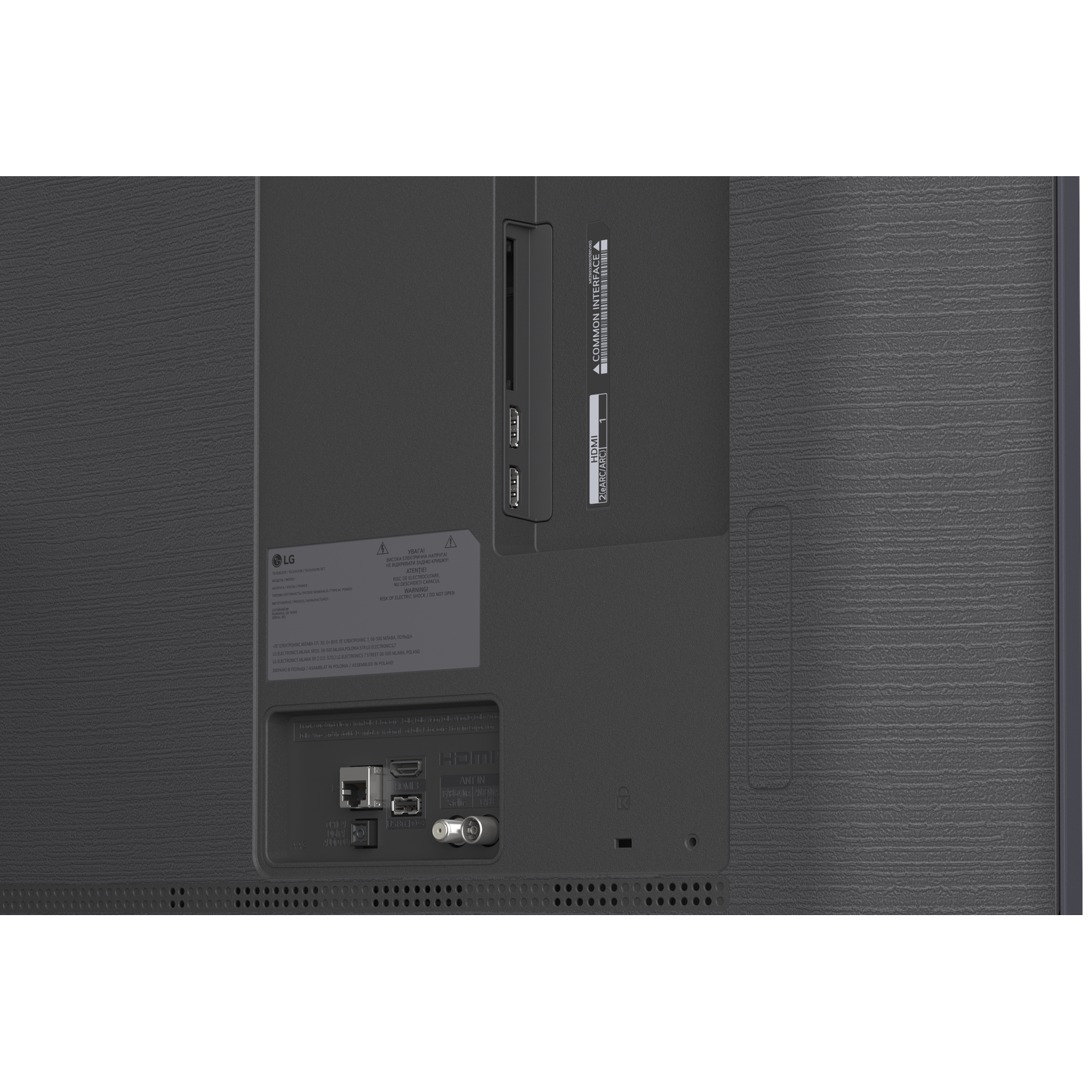 Back panel of a TV showing ports like HDMI and USB.