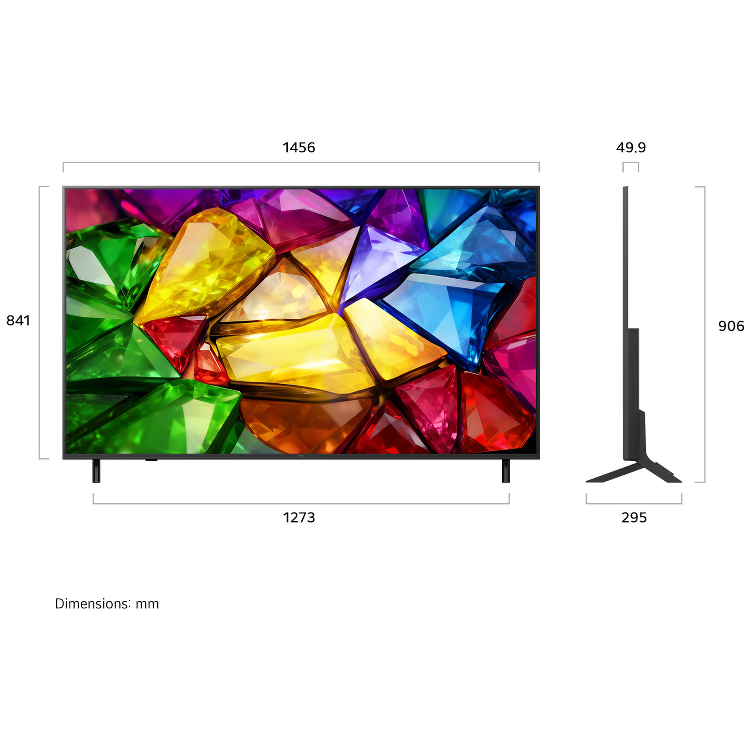 A flat-screen TV displaying colorful gems, with dimensions shown.