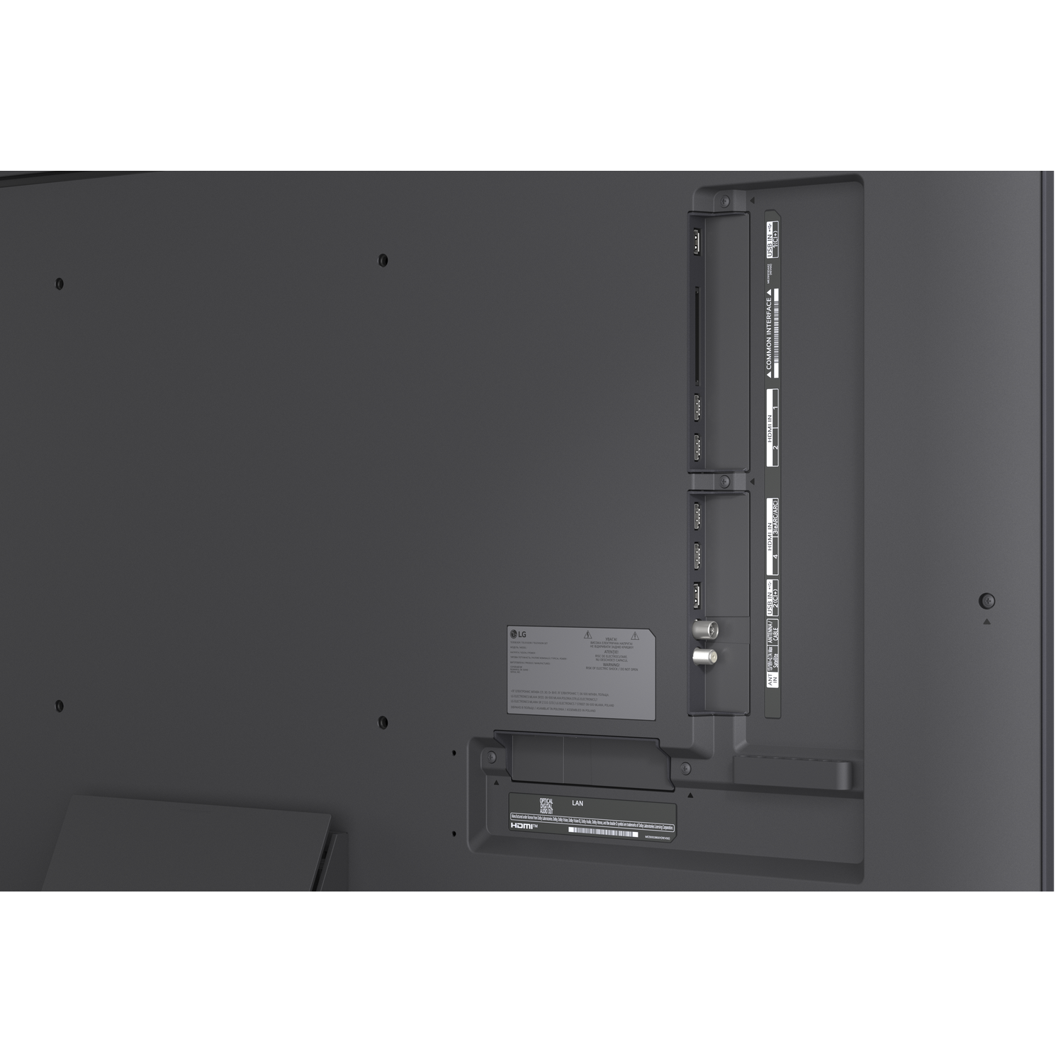 Rear panel of a TV showing ports: HDMI, USB, LAN, Common Interface, Antenna.