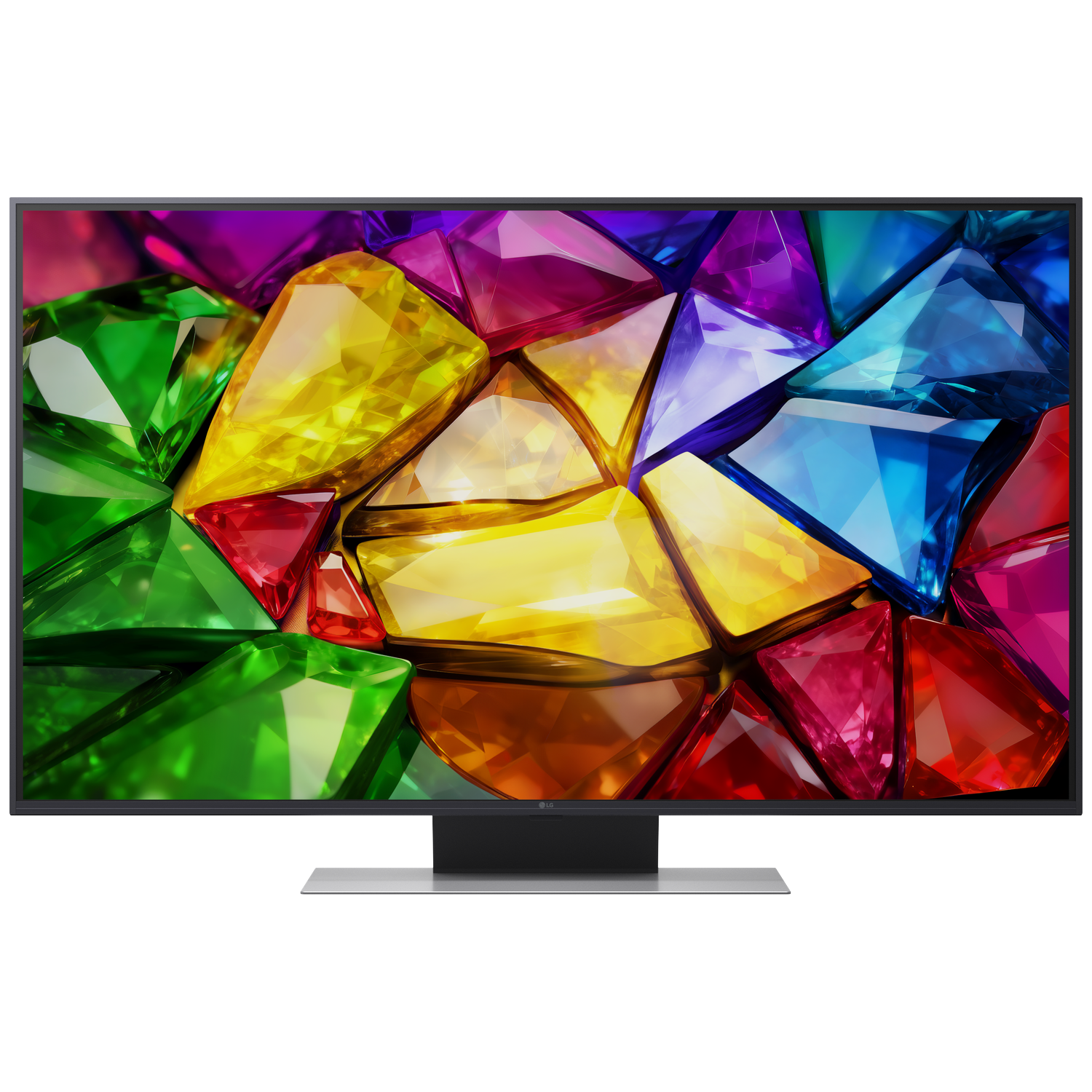A modern TV displays a vibrant abstract image of colorful, faceted gemstones.
