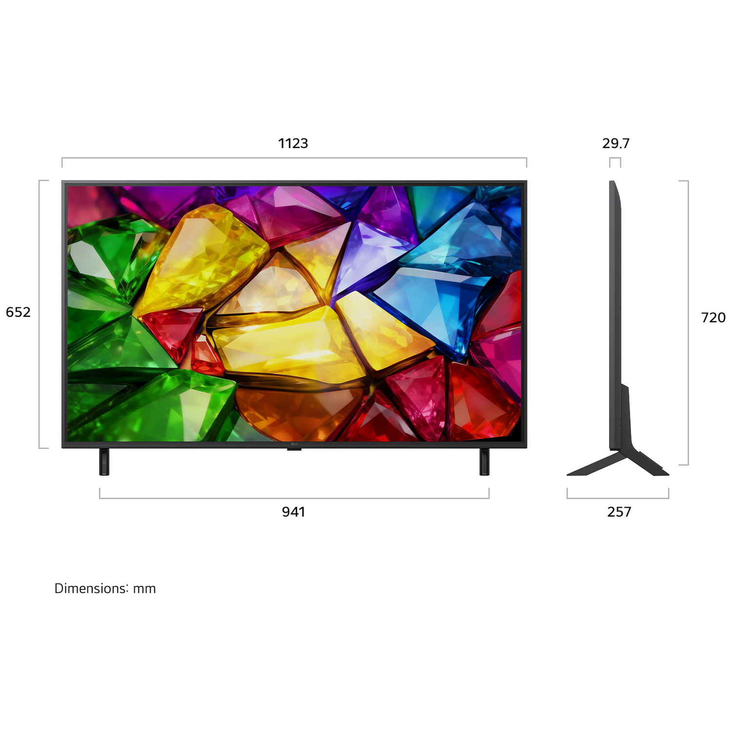 A flat TV screen displaying colorful gemstones.