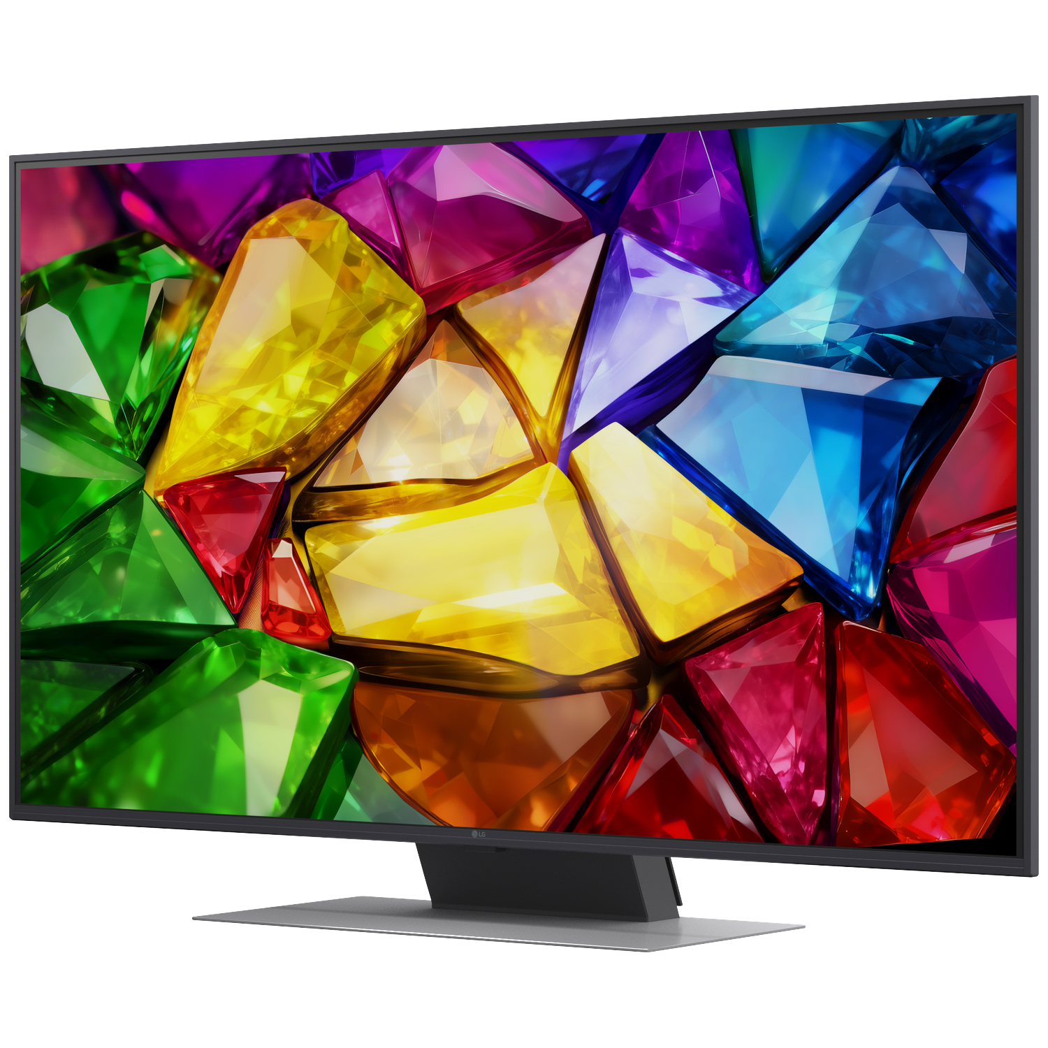 A modern TV displays a vibrant mosaic of colorful gemstones on a black background.