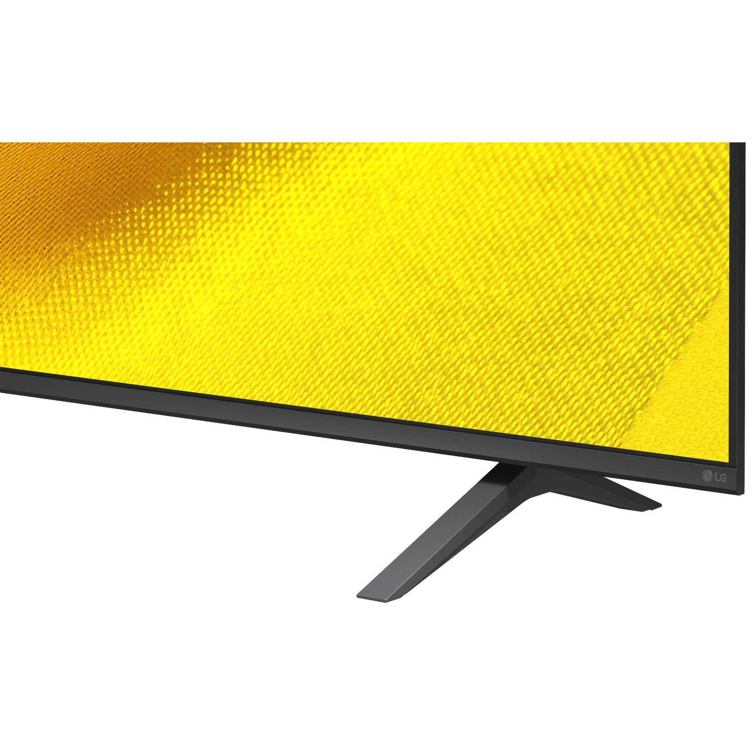 Een LG TV met een geel patroon op het scherm en een grijze standaard.