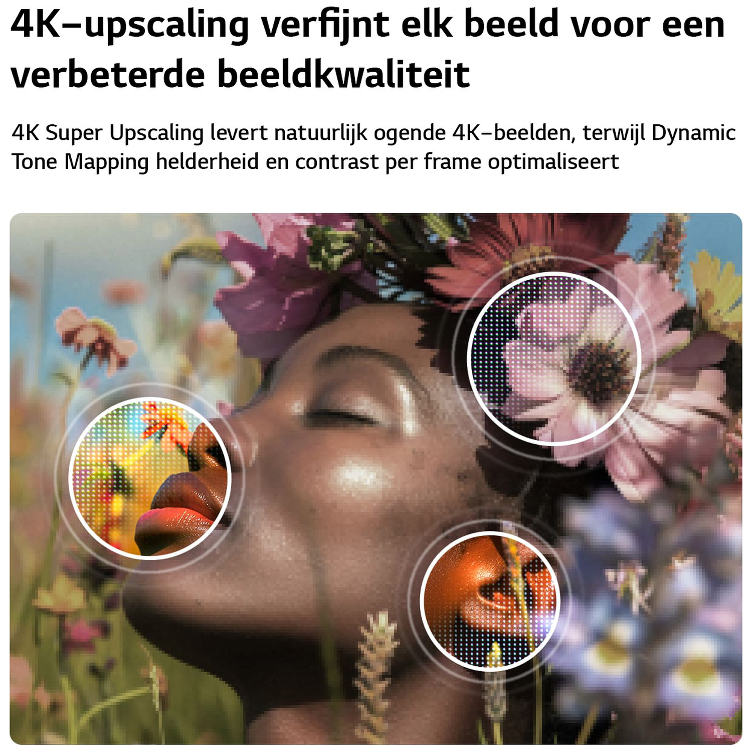 Close-up van een vrouw met bloemen in haar haar, uitgelicht door vergrotende cirkels.