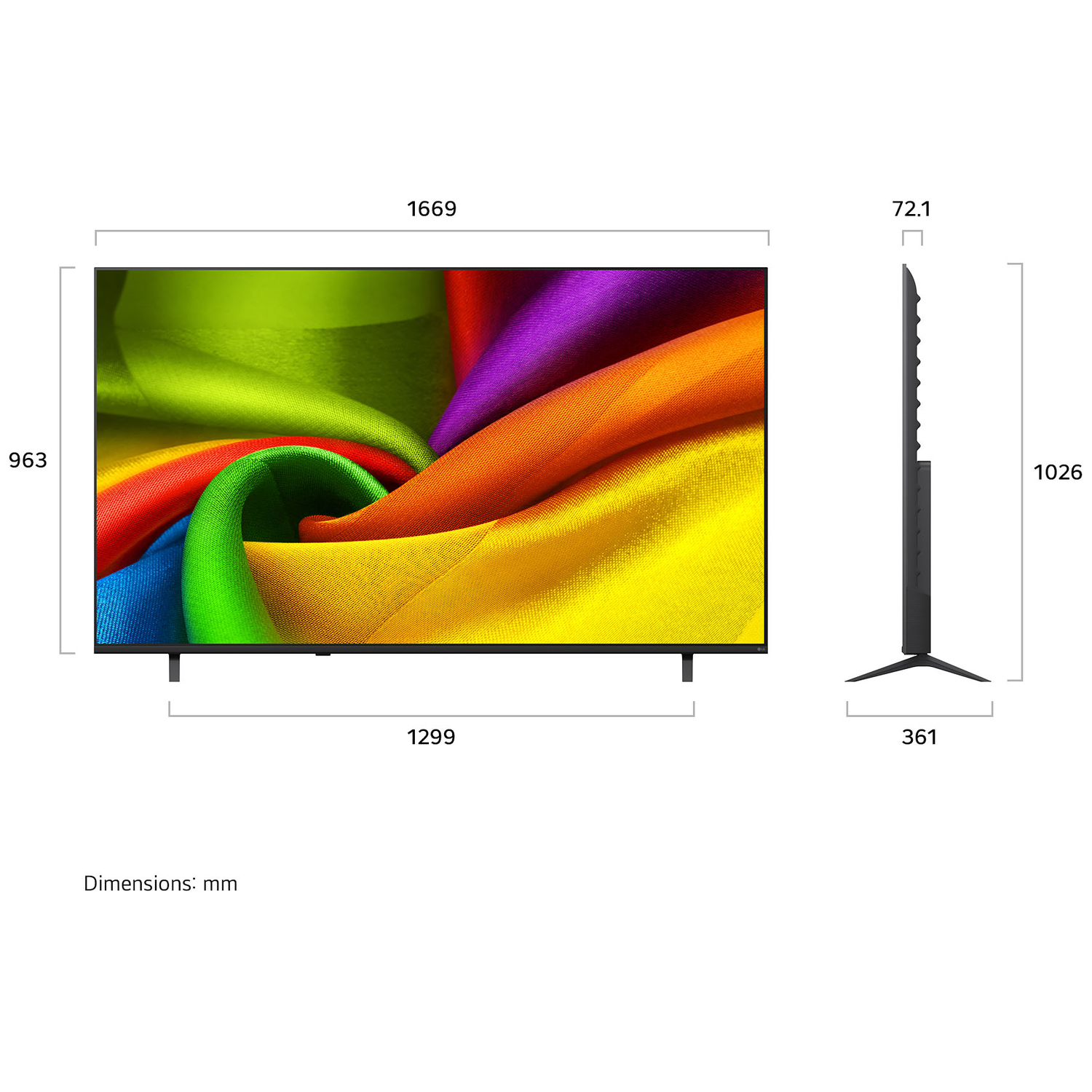 Een grote tv met kleurige stof, afmetingen 1669x963x72.1mm.
