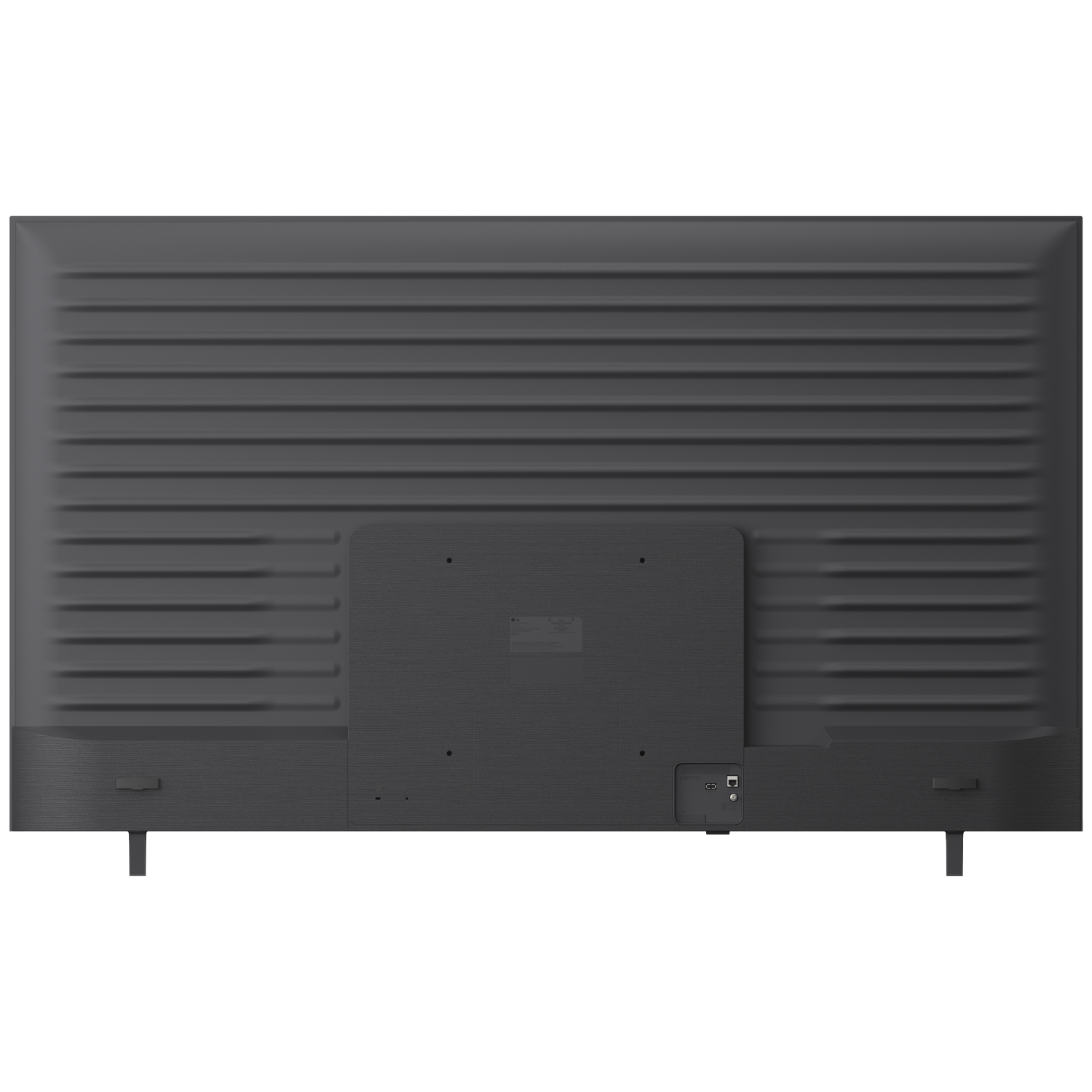 Achterkant van een donkergrijze flatscreen-tv met horizontale richels en poorten.