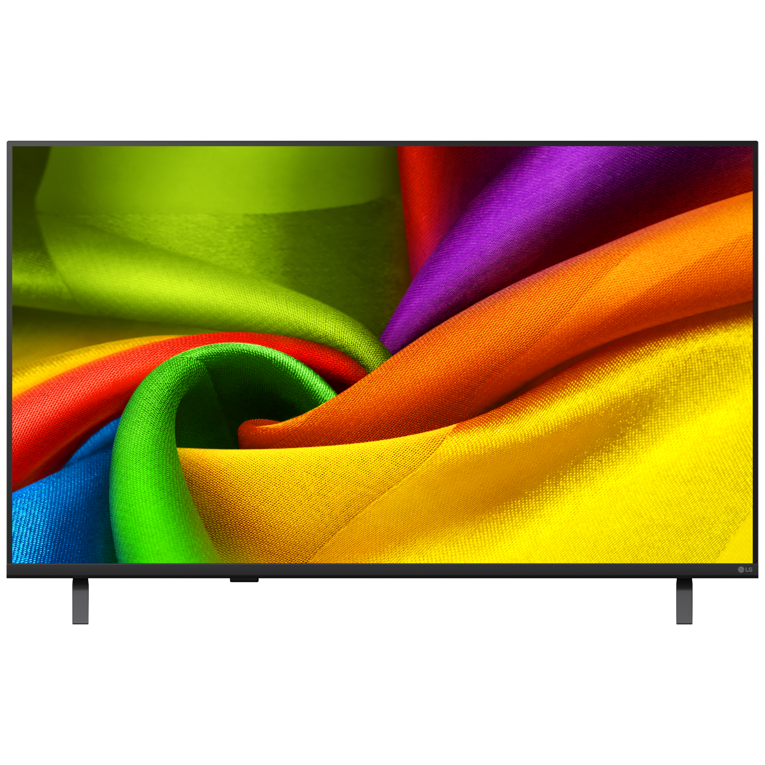 Een tv toont een werveling van levendig, kleurrijk zijden weefsel in tinten groen, paars, oranje, rood en blauw.