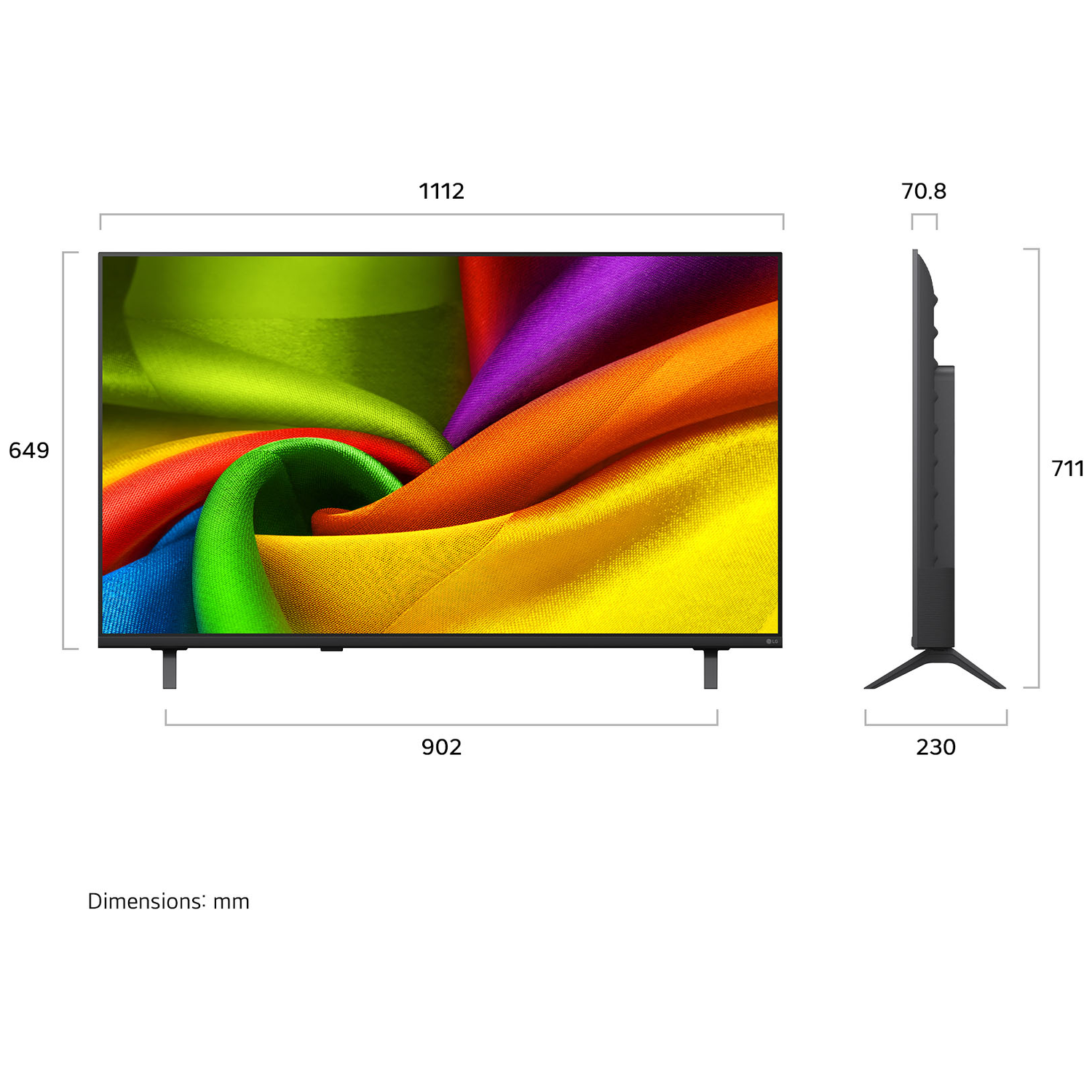 Een moderne tv toont kleurrijke stoffen, met afmetingen aangegeven.