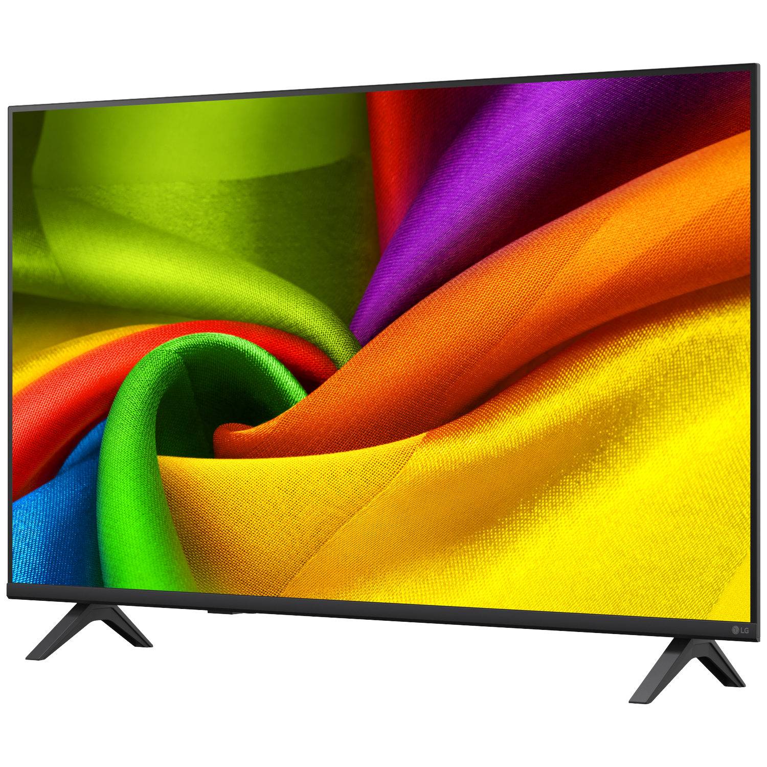 Een flatscreen-tv toont een levendige draaikolk van kleurrijke, vloeiende stof in rood, oranje, geel, groen, blauw en paars.