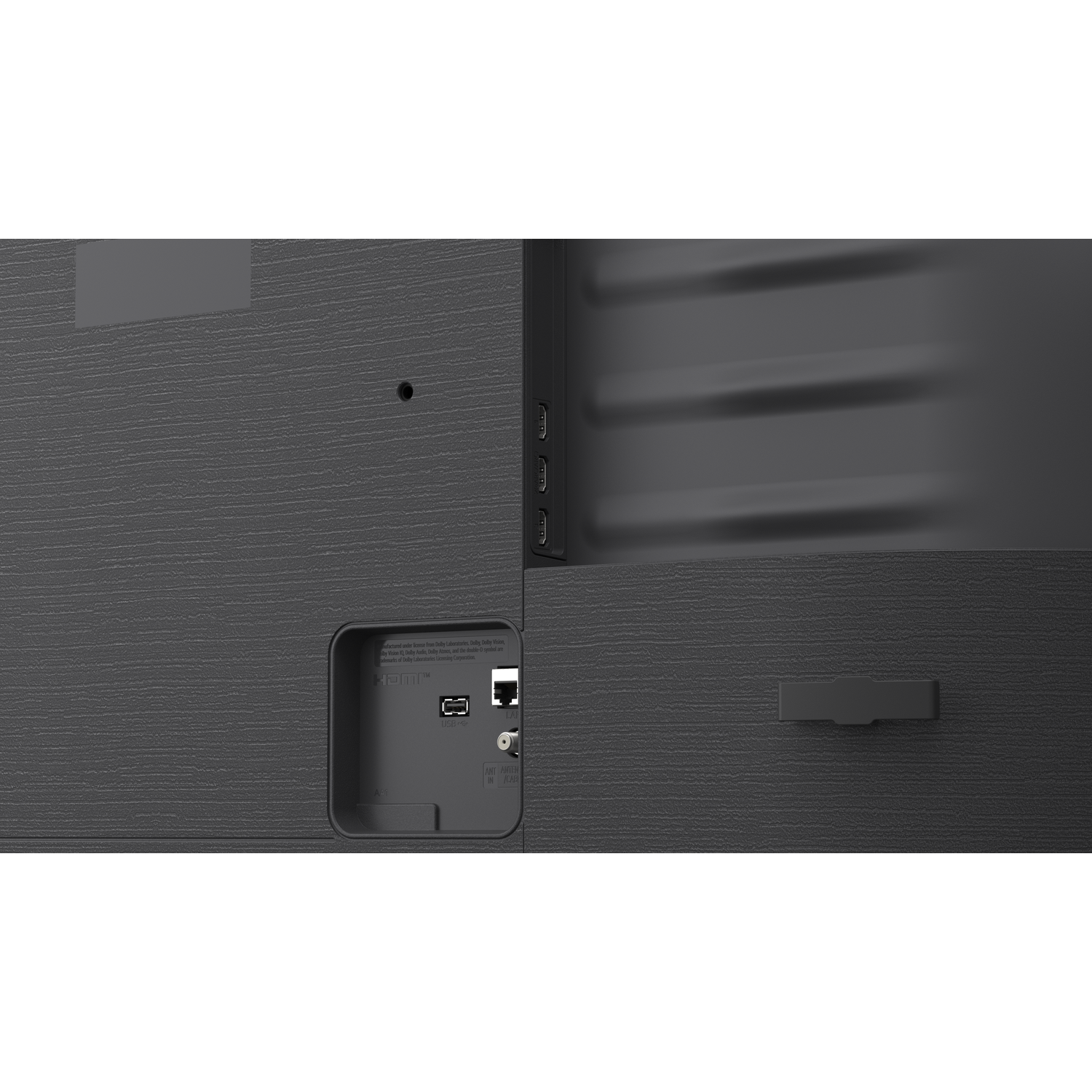 Achterkant van een tv met poorten: HDMI, USB en antenneaansluitingen.