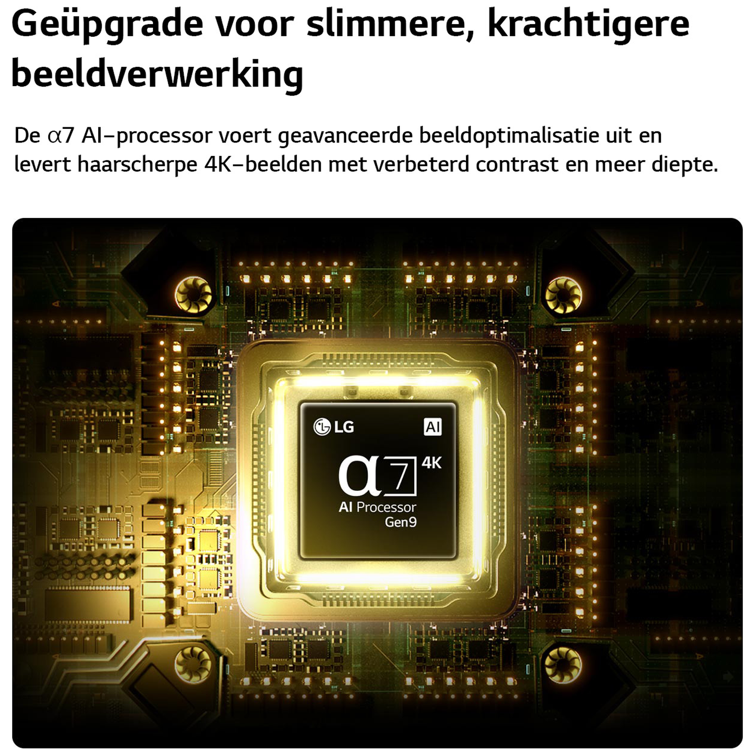 Een gouden LG AI 4K Alpha 7 Gen 9 processor met printplaten.