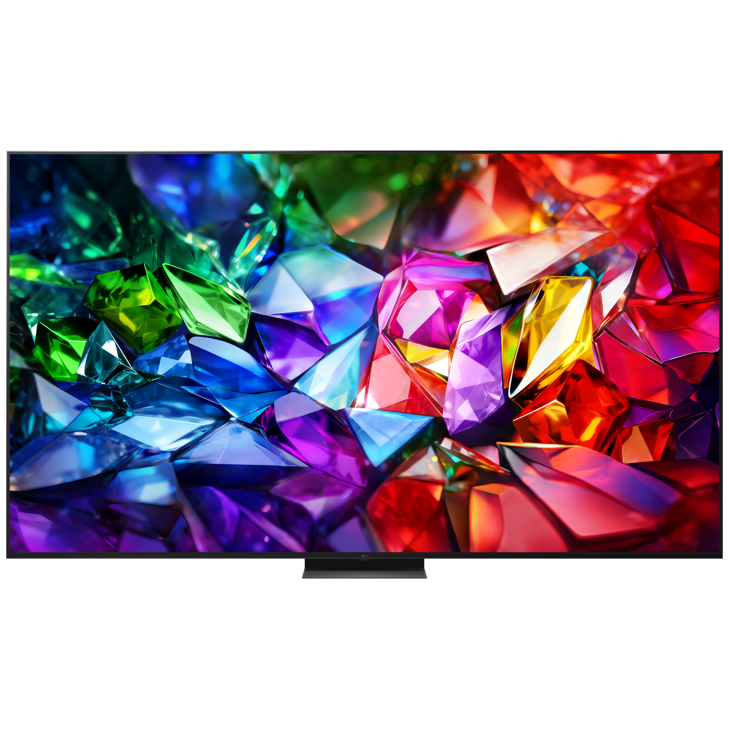 A modern TV displays a vibrant, abstract image of colorful, faceted crystals.