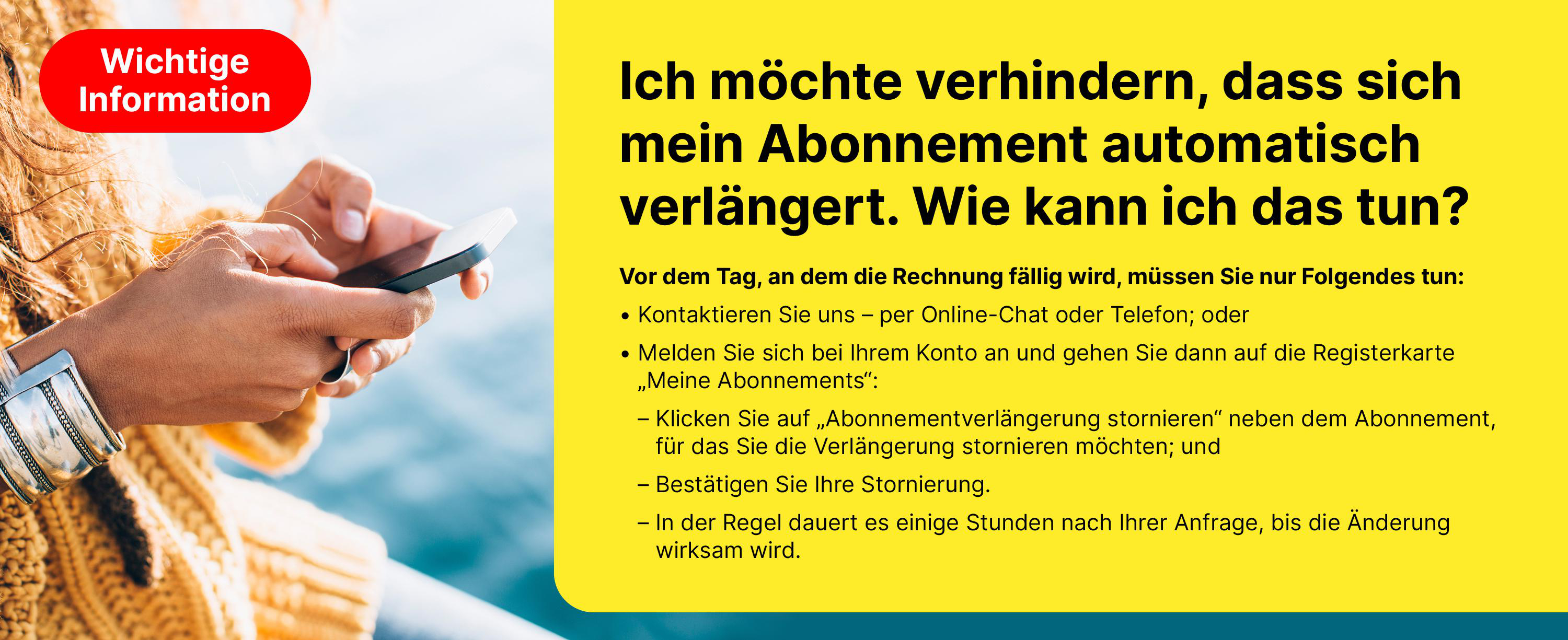 Frau tippt auf Handy mit gelbem Hintergrund und Text über Abo-Kündigung.