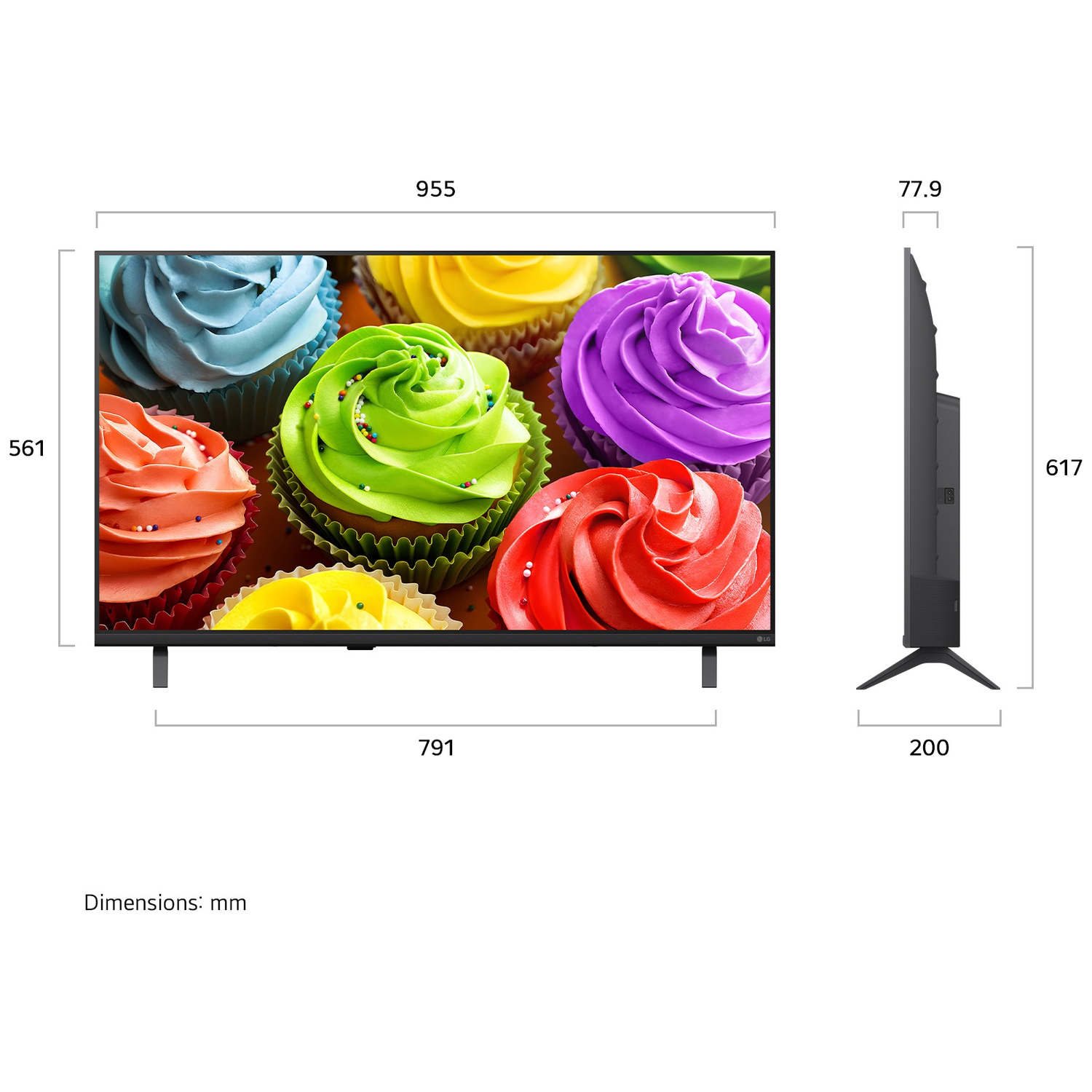Een tv-scherm toont kleurrijke cupcakes. Afmetingen: 955x561x77,9mm. Standaard: 791x200mm.