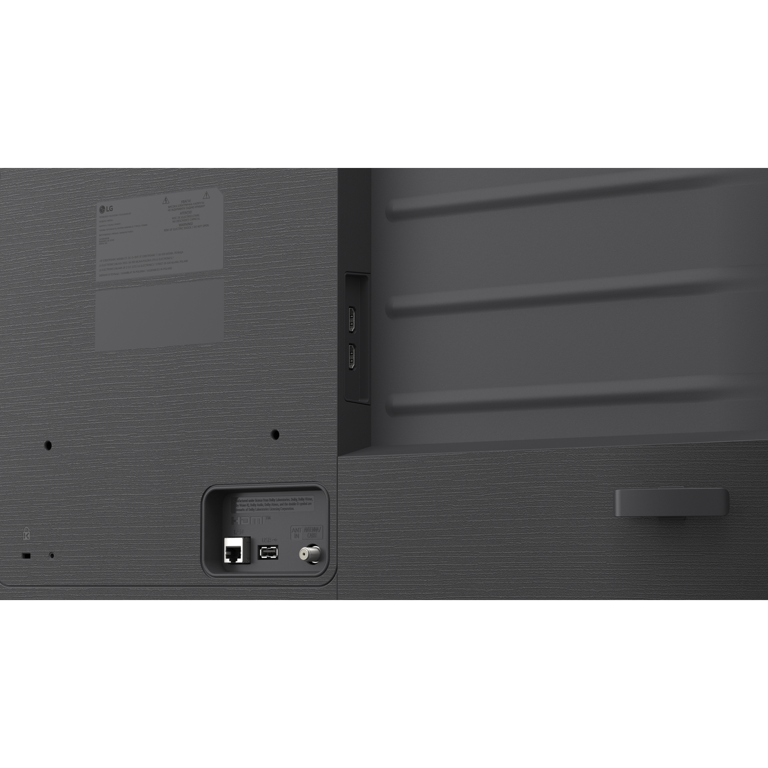 Achterkant tv met poorten: HDMI, USB, LAN en antenne-ingang.