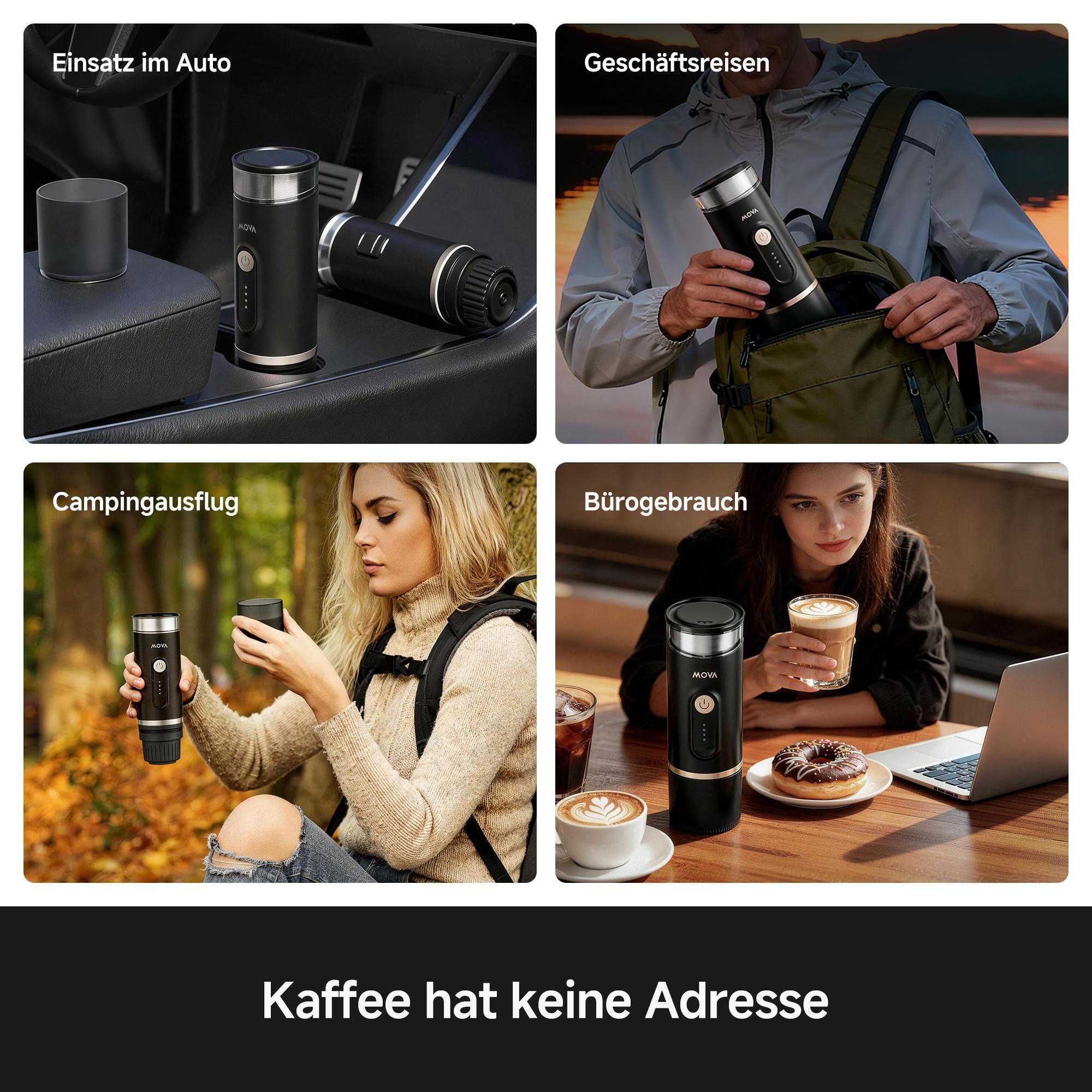 Vier Szenen zeigen eine Kaffeemaschine: im Auto, auf Reisen, beim Camping und im Büro.