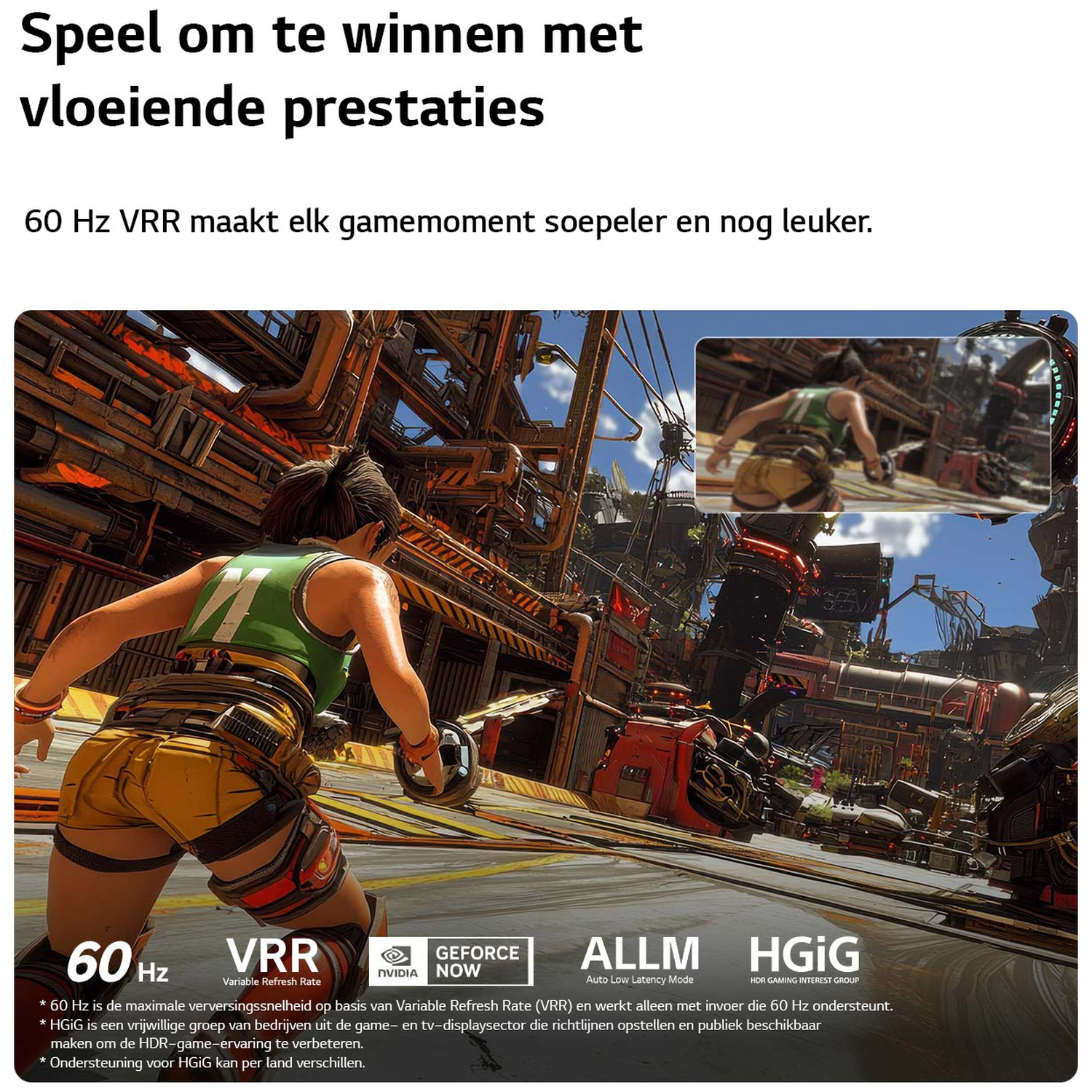 Een vrouw in groen topje en gele shorts kijkt uit over een futuristische stad.